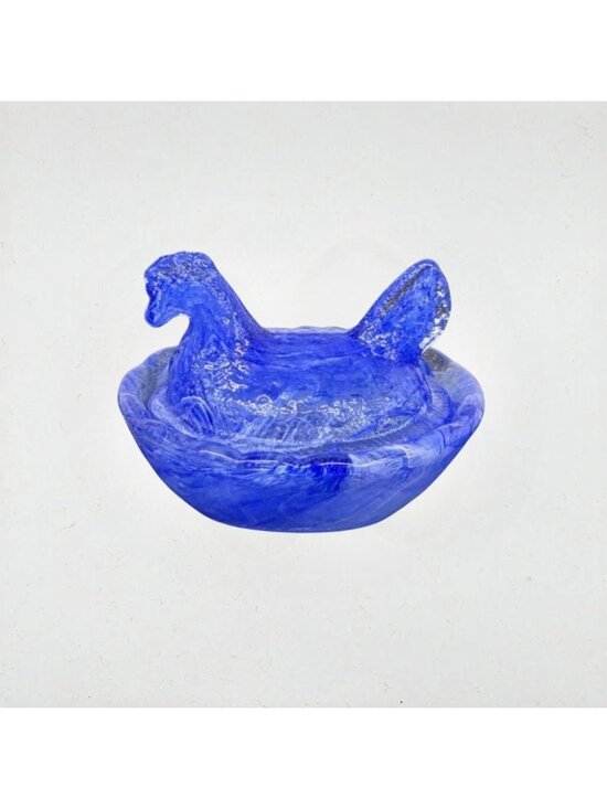 Vintage Other - Vintage blue swirl glass hen on nest salt dip cellar